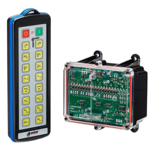 The 16 Function IP Wireless Control System, part of the 92 Series from Lodar LTD, includes a transmitter with 16 functionalities. This device has buttons positioned alongside a circuit board in a transparent casing, making it ideal for controlling solenoid operated equipment within an industrial wireless control system.