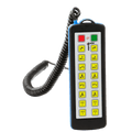 The 16 Function Lodar Hard-Wired Remote | 92 Series by Lodar LTD features yellow buttons along with red and green function keys, all connected via a coiled black cord. It is equipped with a durable waterproof Bulgin connector, seamlessly accommodating 16 functions.