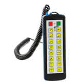 The 16 Function Lodar Hard-Wired Remote | 92 Series by Lodar LTD features yellow buttons along with red and green function keys, all connected via a coiled black cord. It is equipped with a durable waterproof Bulgin connector, seamlessly accommodating 16 functions.