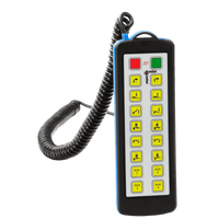 The 16 Function Lodar Hard-Wired Remote | 92 Series by Lodar LTD features yellow buttons along with red and green function keys, all connected via a coiled black cord. It is equipped with a durable waterproof Bulgin connector, seamlessly accommodating 16 functions.