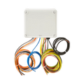 The Lodar Service 16 Function Lodar Replacement FET Air Receiver | 92 Series is shown with multiple colored wires and cables below a white electrical junction box, ideal for wireless pneumatic actuator control on a white background.