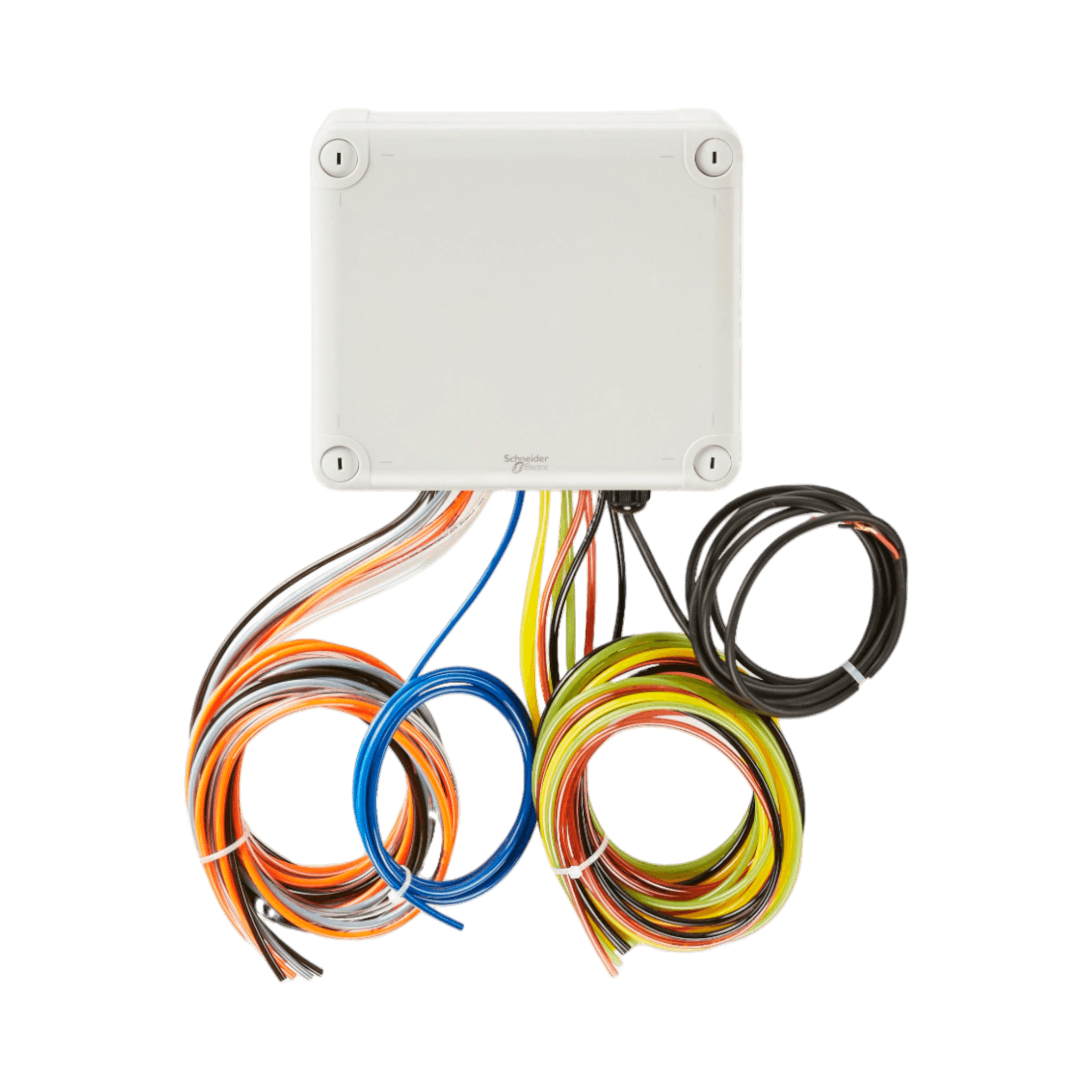 The Lodar Service 16 Function Lodar Replacement FET Air Receiver | 92 Series is shown with multiple colored wires and cables below a white electrical junction box, ideal for wireless pneumatic actuator control on a white background.