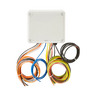 The Lodar Service 16 Function Lodar Replacement FET Air Receiver | 92 Series is shown with multiple colored wires and cables below a white electrical junction box, ideal for wireless pneumatic actuator control on a white background.