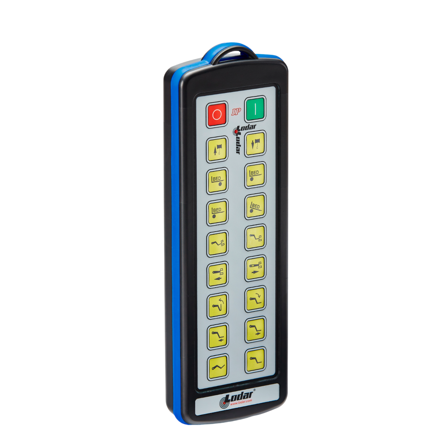 The 16 Function Lodar Replacement IP Transmitter from the 9000 Series by Lodar LTD features blue edges and multiple yellow buttons, as well as a distinctive red and green button at the top. It is a reliable backup transmitter with versatile 16-function capabilities.