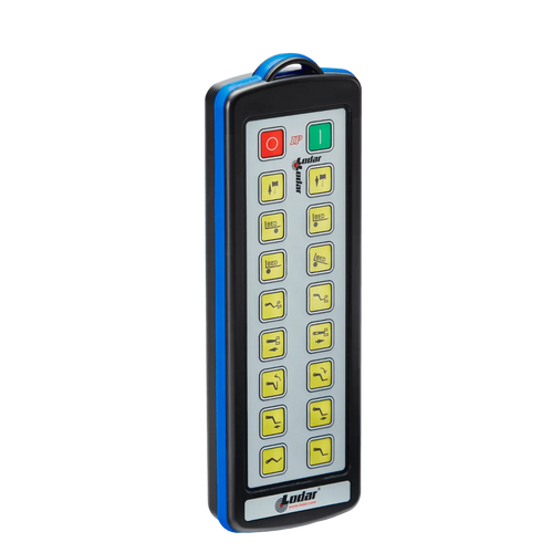 The 16 Function Lodar Replacement IP Transmitter from the 9000 Series by Lodar LTD features blue edges and multiple yellow buttons, as well as a distinctive red and green button at the top. It is a reliable backup transmitter with versatile 16-function capabilities.