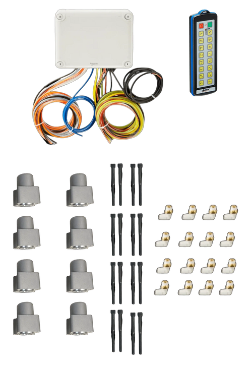 PIERCE 16 Function Direct Mount Wireless Air System for Miller, compatible with Gresen valves, includes wiring box, remote, connectors, nine lights, and terminals for easy integration with Lodar direct-mount setups.