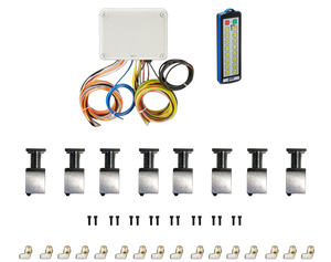 Displayed against a black backdrop is the 16 Function Wireless Air System with Bolt on Actuator by Husco, featuring colorful wires, a remote, metal brackets, and connectors from the PIERCE brand—perfect for optimizing wrecker operations.