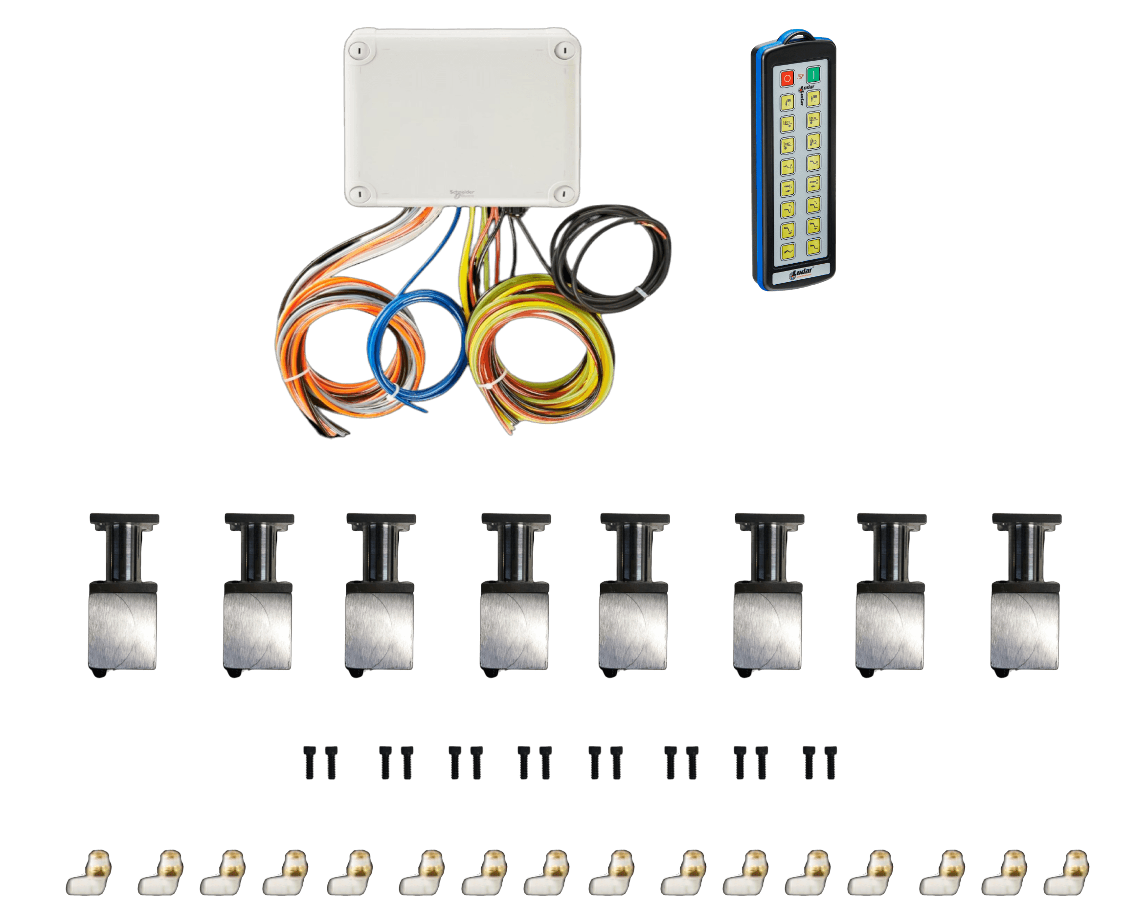 The PIERCE 16 Function Direct Mount Wireless Air System for Jerr-Dan (Husco Valves) includes a control box, wireless remote, cables, eight metal sensors, screws, and clips—perfect for Jerr-Dan wreckers with Husco spool valves.