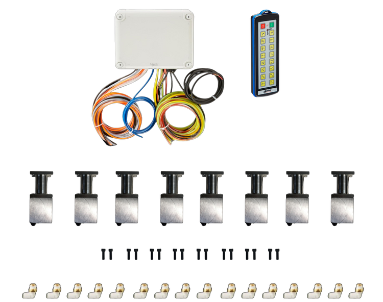 Displayed against a black backdrop is the 16 Function Wireless Air System with Bolt on Actuator by Husco, featuring colorful wires, a remote, metal brackets, and connectors from the PIERCE brand—perfect for optimizing wrecker operations.
