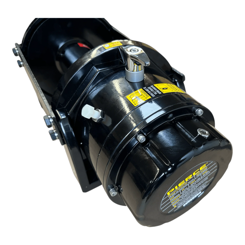 The Internal - Pierce Assembly Team 18,000 lb Hydraulic Recovery Winch, with yellow labels and metallic fittings, features a planetary gear system and is shown from an angle.