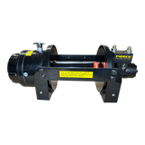 The PIERCE 18,000 lb Hydraulic Recovery Winch is black with yellow safety instructions, featuring a strong planetary gear system and PIERCE branding, displayed against a white background.