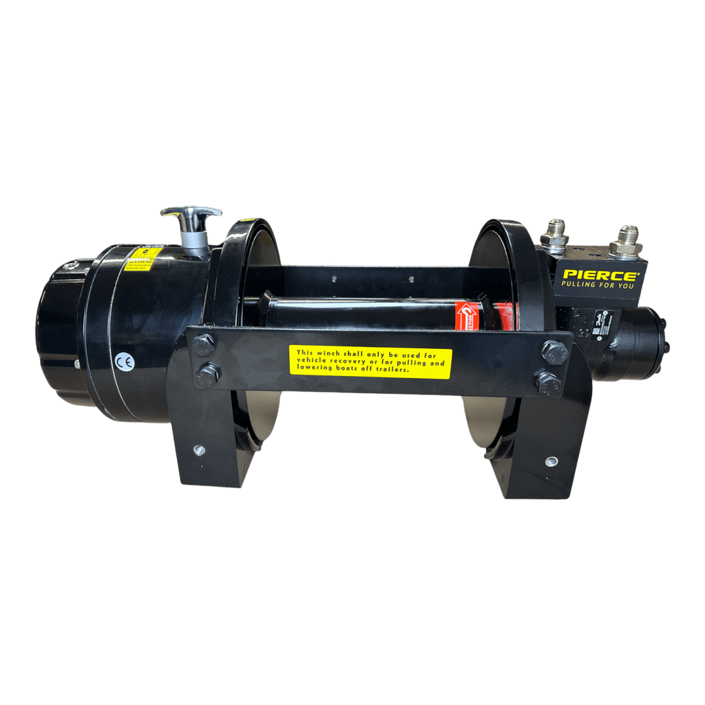 The PIERCE 18,000 lb Hydraulic Recovery Winch is black with yellow safety instructions, featuring a strong planetary gear system and PIERCE branding, displayed against a white background.