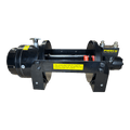 The PIERCE 18,000 lb Hydraulic Recovery Winch is black with yellow safety instructions, featuring a strong planetary gear system and PIERCE branding, displayed against a white background.