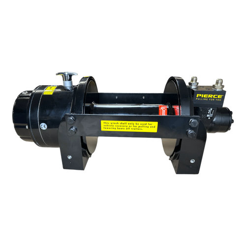The PIERCE 18,000 lb Hydraulic Recovery Winch is black with yellow safety instructions, featuring a strong planetary gear system and PIERCE branding, displayed against a white background.