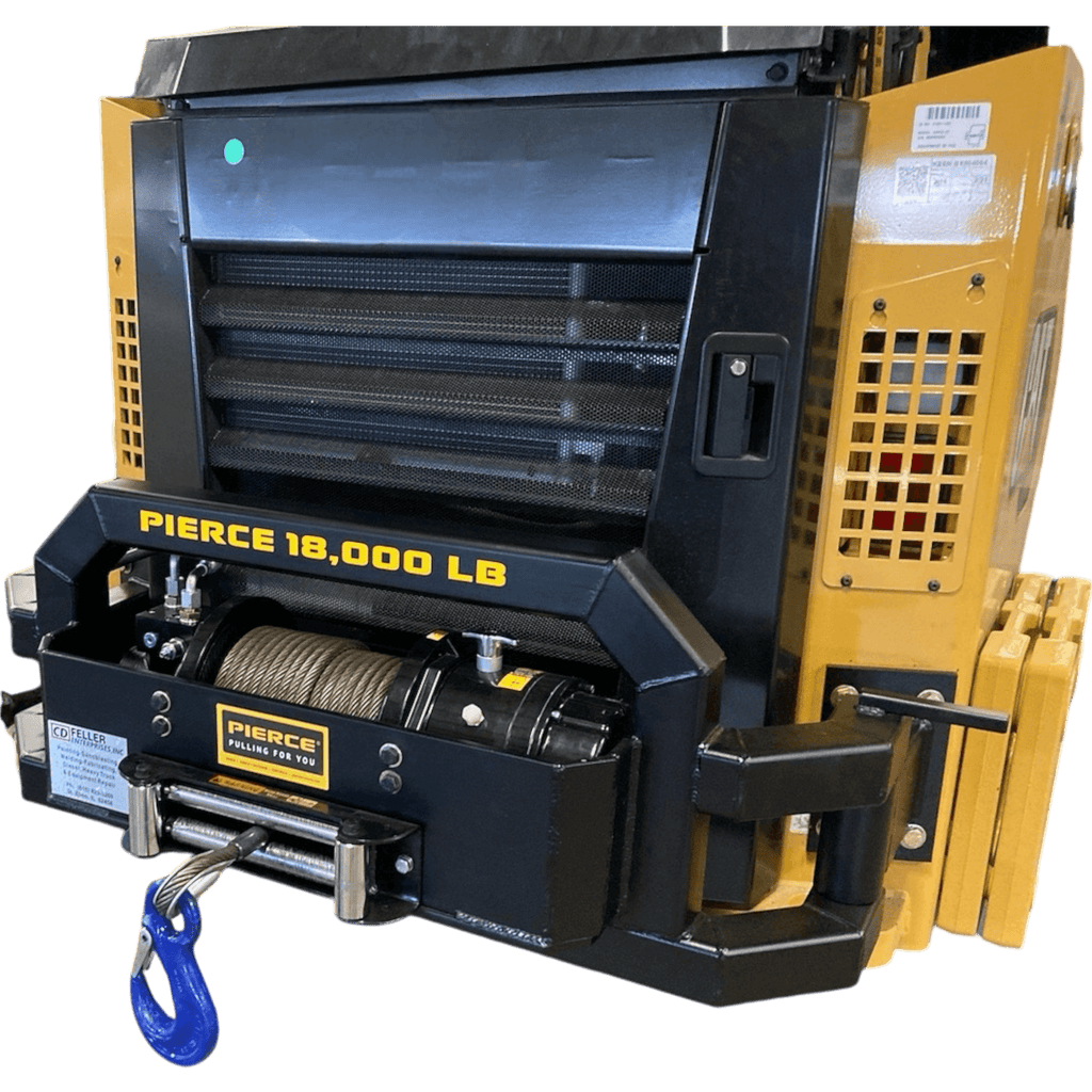 The PIERCE 18,000 lb Hydraulic Recovery Winch with a blue hook and planetary gear system is mounted on yellow machinery.