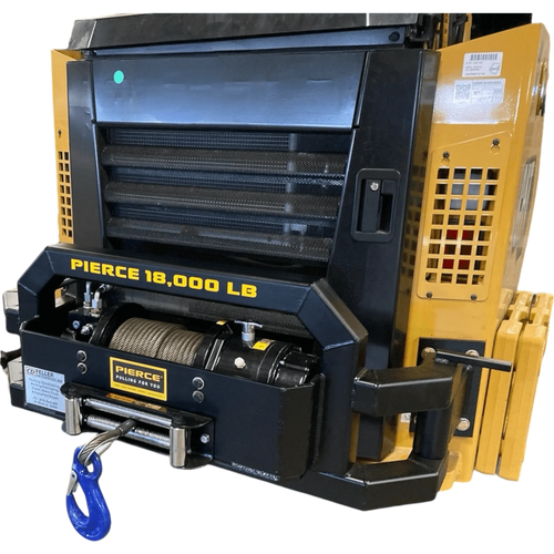 The PIERCE 18,000 lb Hydraulic Recovery Winch with a blue hook and planetary gear system is mounted on yellow machinery.