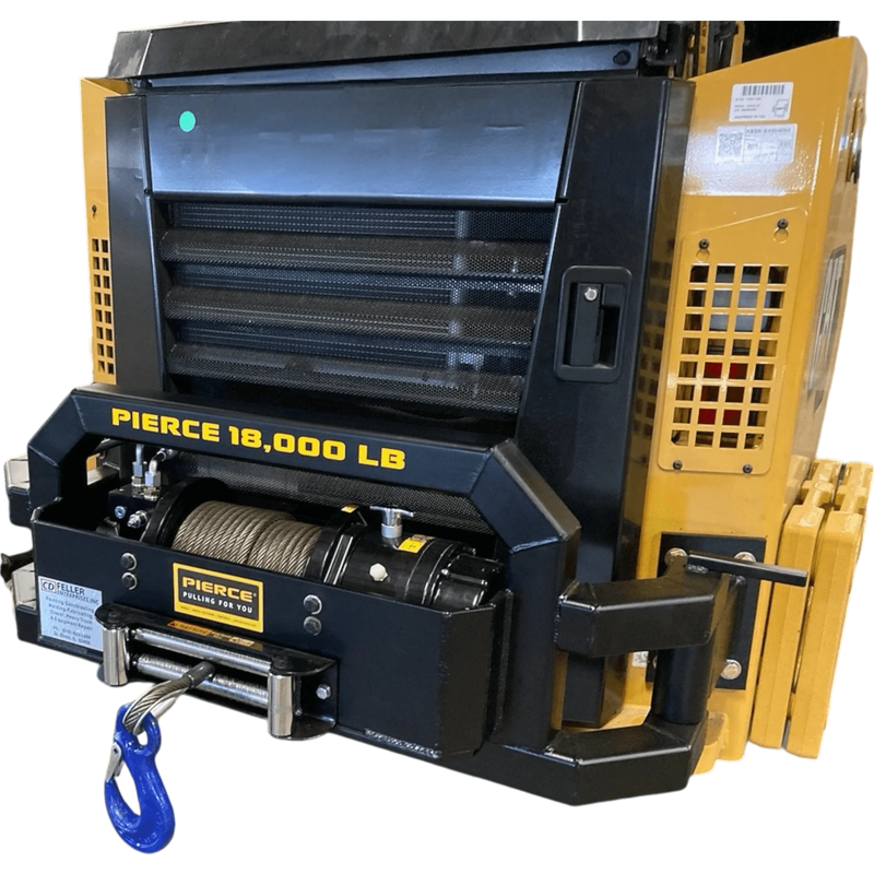 The PIERCE 18,000 lb Hydraulic Recovery Winch with a blue hook and planetary gear system is mounted on yellow machinery.