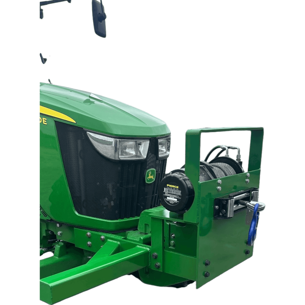 A green tractor front equipped with a PIERCE 18,000 lb Hydraulic Recovery Winch, featuring a visible cable, planetary gear system, and control panel.