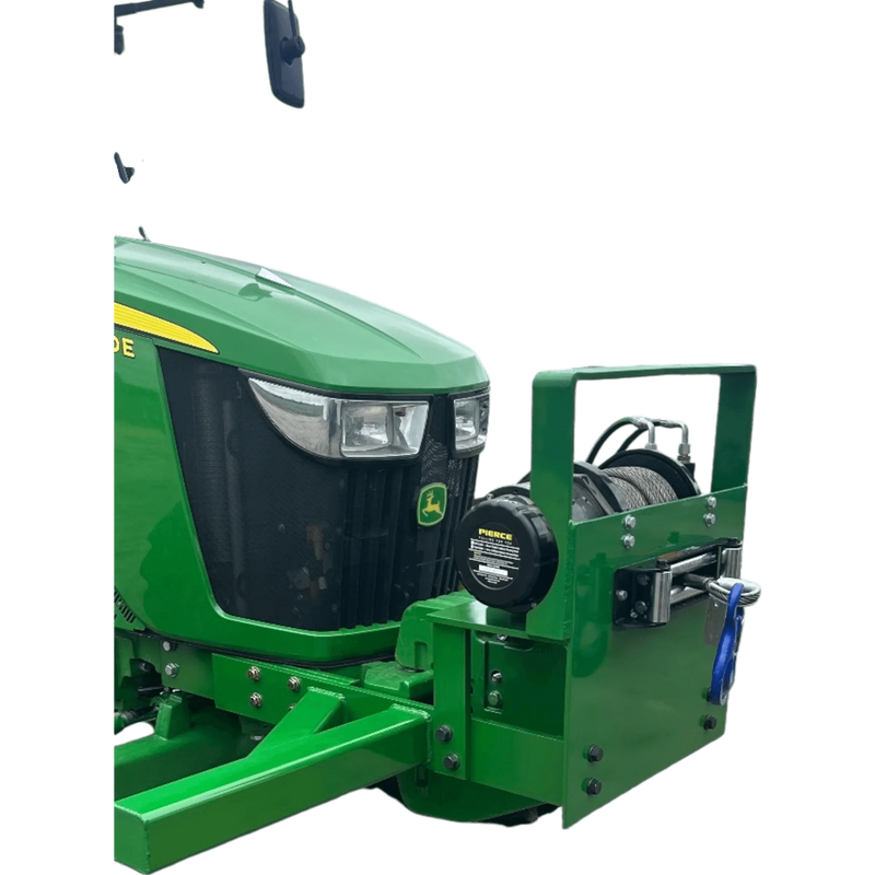 A green tractor front equipped with a PIERCE 18,000 lb Hydraulic Recovery Winch, featuring a visible cable, planetary gear system, and control panel.