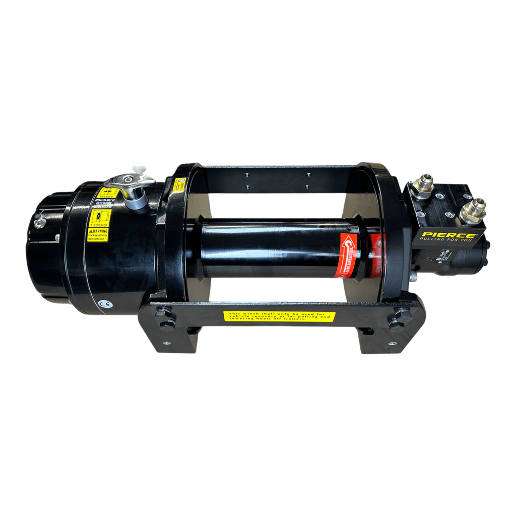 18,000 lb Hydraulic Recovery Winch by Internal - Pierce Assembly Team features a cylindrical drum on a metal frame and uses a planetary gear system for enhanced performance. "Pierce" is labeled on the side.
