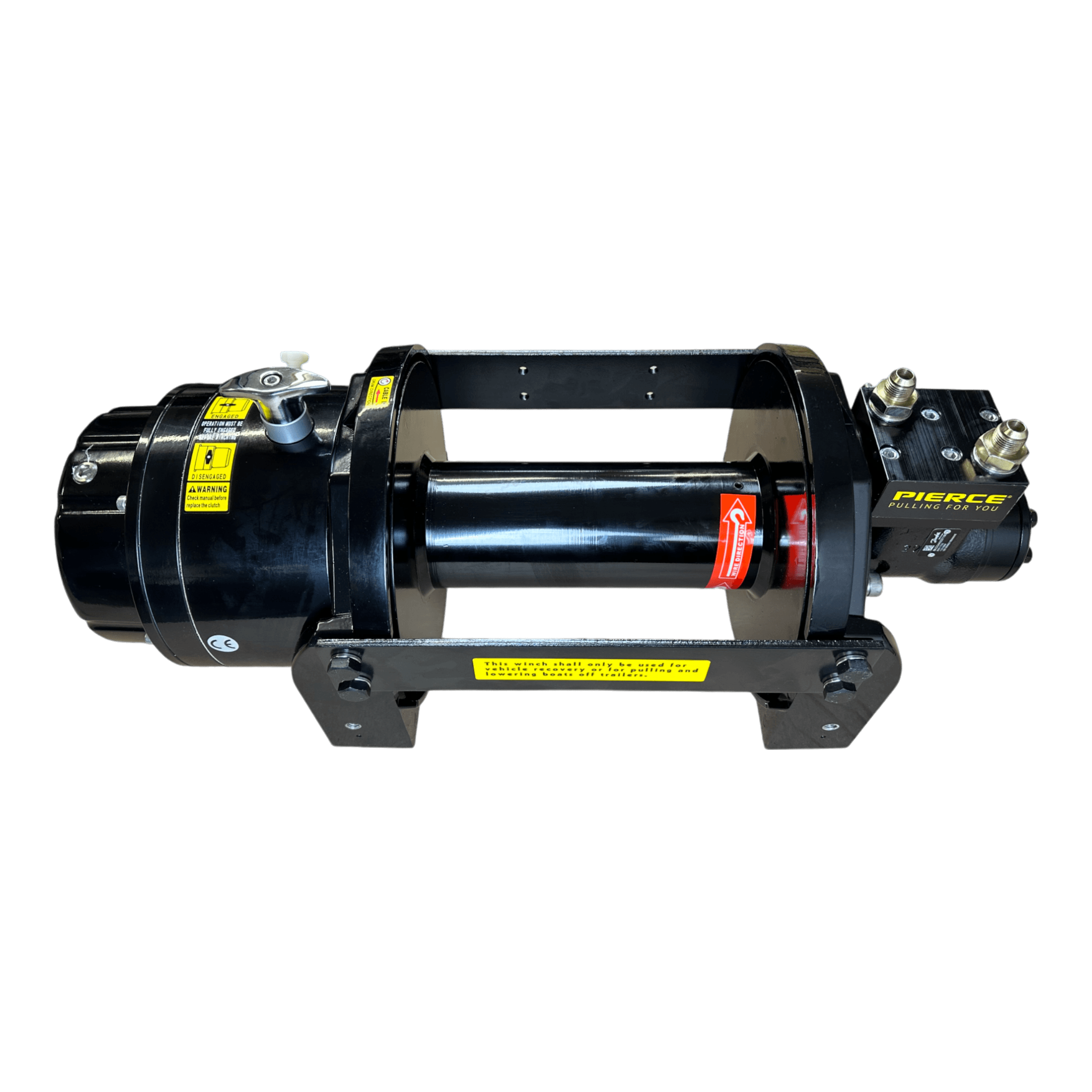 18,000 lb Hydraulic Recovery Winch by Internal - Pierce Assembly Team features a cylindrical drum on a metal frame and uses a planetary gear system for enhanced performance. "Pierce" is labeled on the side.