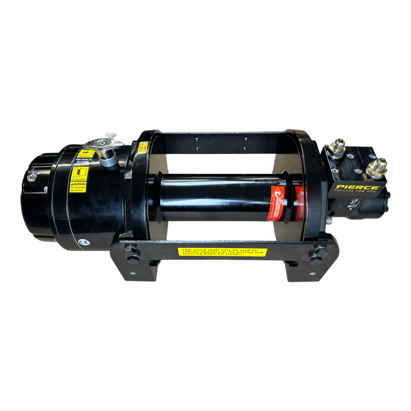 18,000 lb Hydraulic Recovery Winch by Internal - Pierce Assembly Team features a cylindrical drum on a metal frame and uses a planetary gear system for enhanced performance. "Pierce" is labeled on the side.