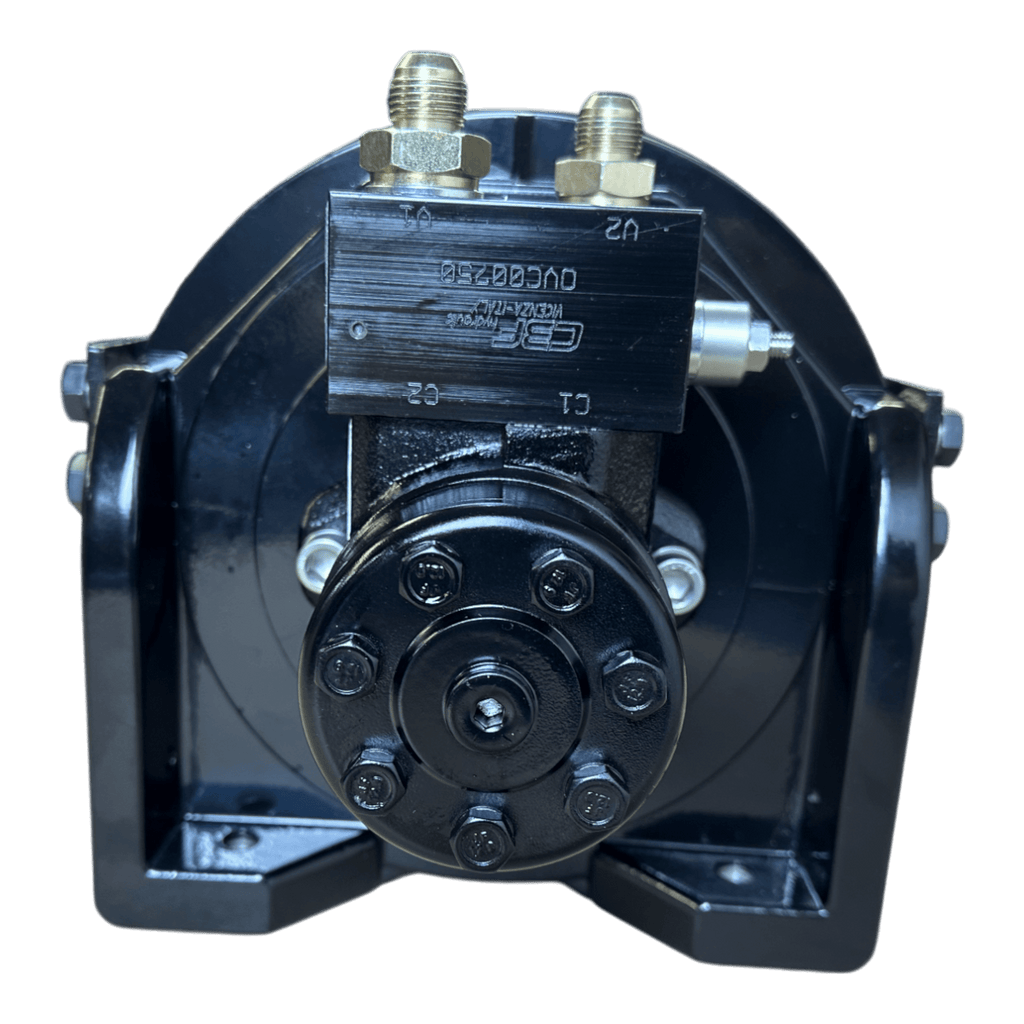 Black industrial hydraulic brake caliper with metal fittings, front-mounted on a sturdy base—designed for the 18,000 lb Hydraulic Recovery Winch from Internal - Pierce Assembly Team; suitable for winch or planetary gear system applications.
