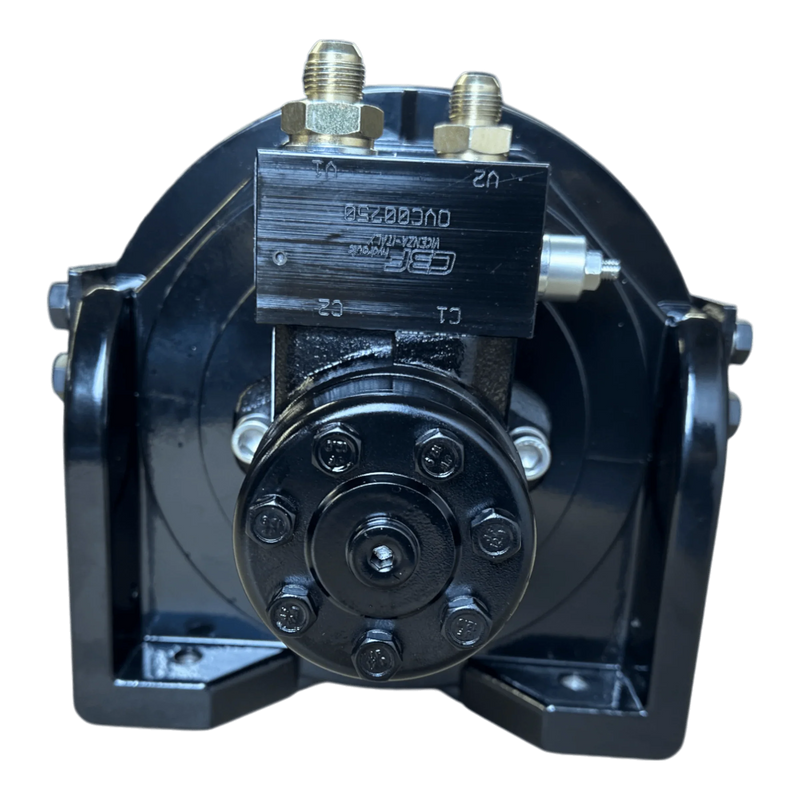 Black industrial hydraulic brake caliper with metal fittings, front-mounted on a sturdy base—designed for the 18,000 lb Hydraulic Recovery Winch from Internal - Pierce Assembly Team; suitable for winch or planetary gear system applications.