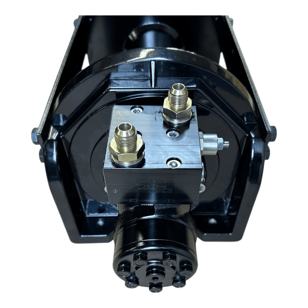 Close-up of the Internal - Pierce Assembly Team 18,000 lb Hydraulic Recovery Winch with metal fittings and bolts, featuring an 18 planetary gear system, shown on a white background.