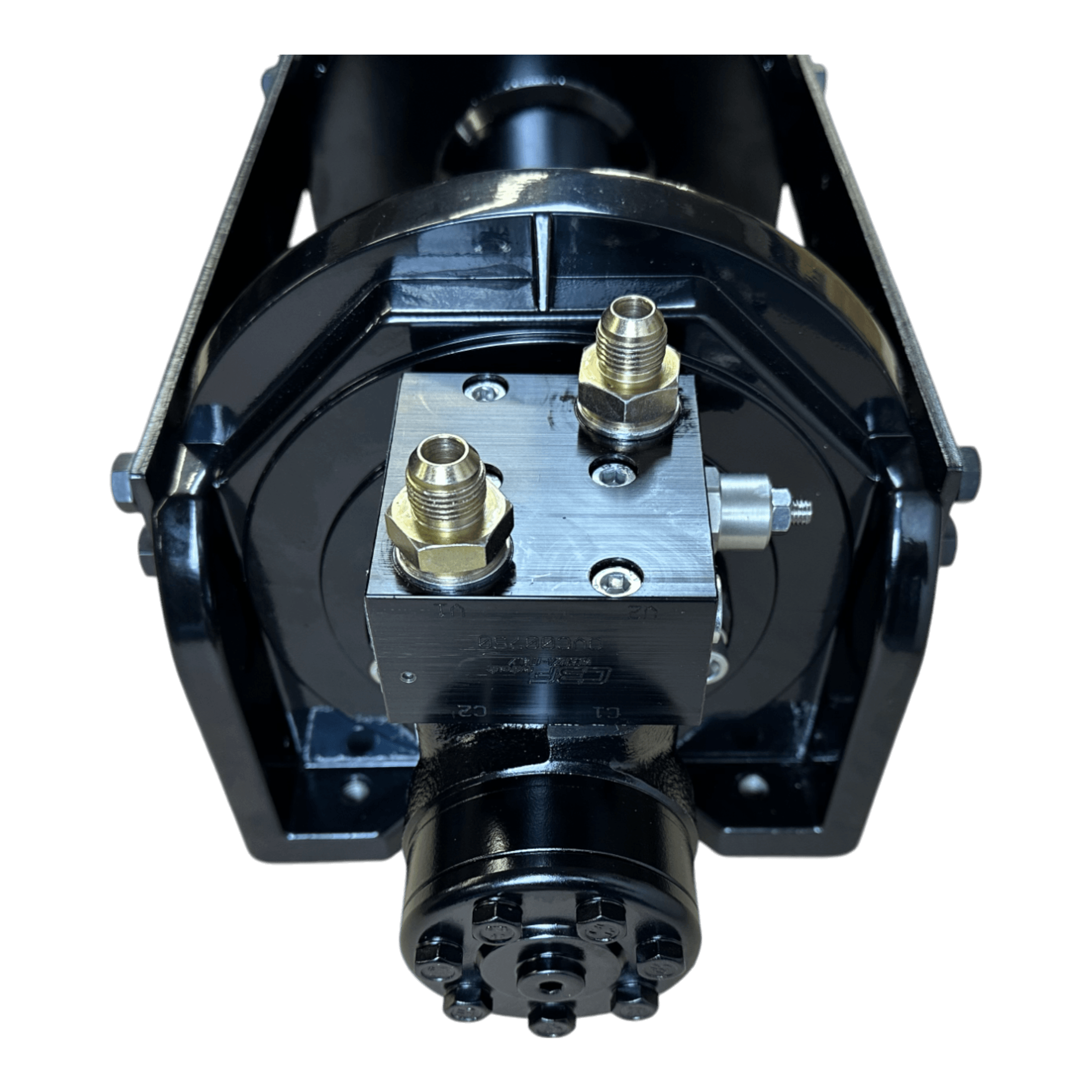 Close-up of the Internal - Pierce Assembly Team 18,000 lb Hydraulic Recovery Winch with metal fittings and bolts, featuring an 18 planetary gear system, shown on a white background.
