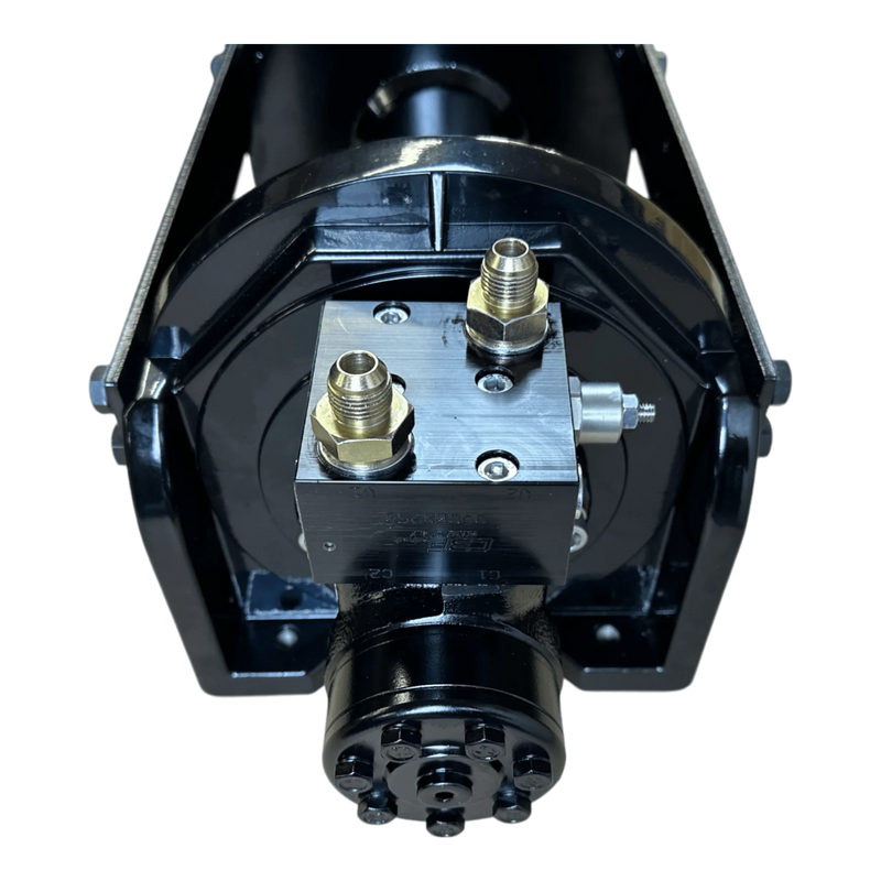Close-up of the Internal - Pierce Assembly Team 18,000 lb Hydraulic Recovery Winch with metal fittings and bolts, featuring an 18 planetary gear system, shown on a white background.