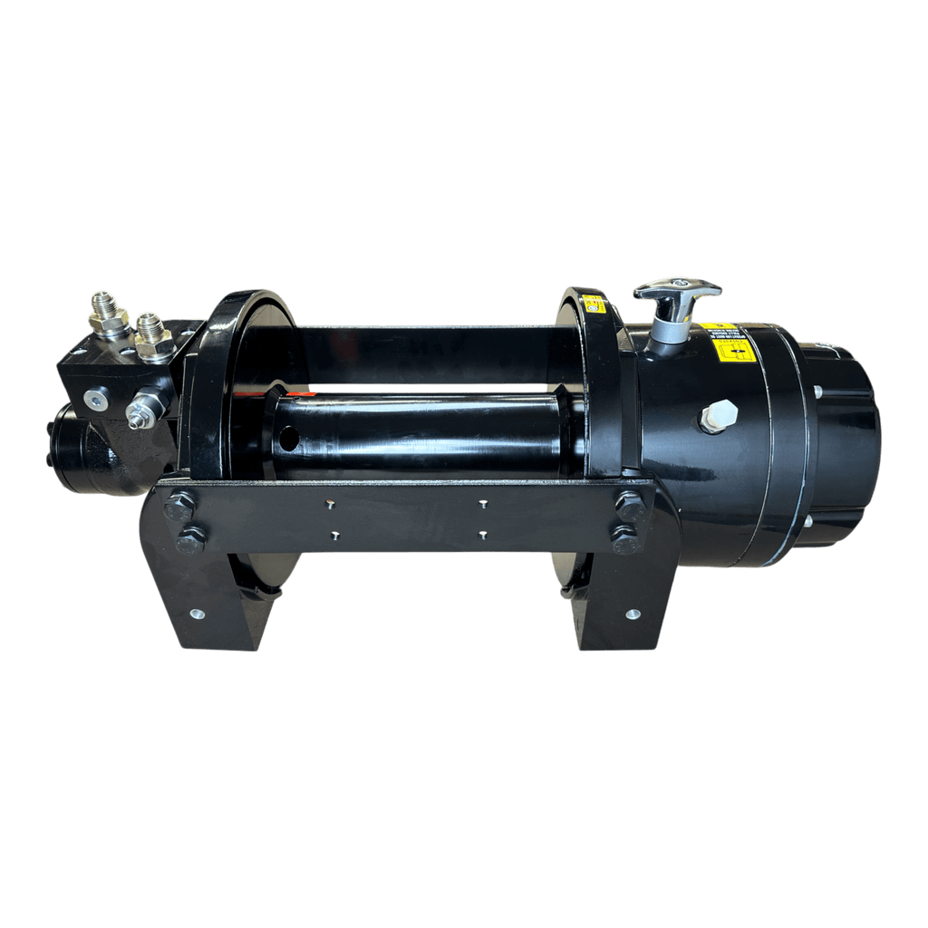 The Internal - Pierce Assembly Team 18,000 lb Hydraulic Recovery Winch features a metal frame, hydraulic motor, planetary gear system, and cable spool; shown on a white background.