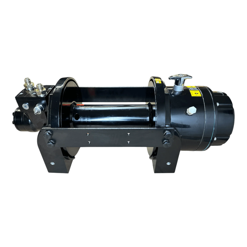 The Internal - Pierce Assembly Team 18,000 lb Hydraulic Recovery Winch features a metal frame, hydraulic motor, planetary gear system, and cable spool; shown on a white background.
