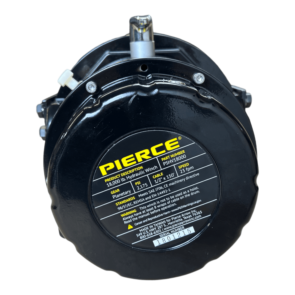 Close-up of a black hydraulic clutch with a yellow Pierce label, showing specs for the Internal - Pierce Assembly Team 18,000 lb Hydraulic Recovery Winch.