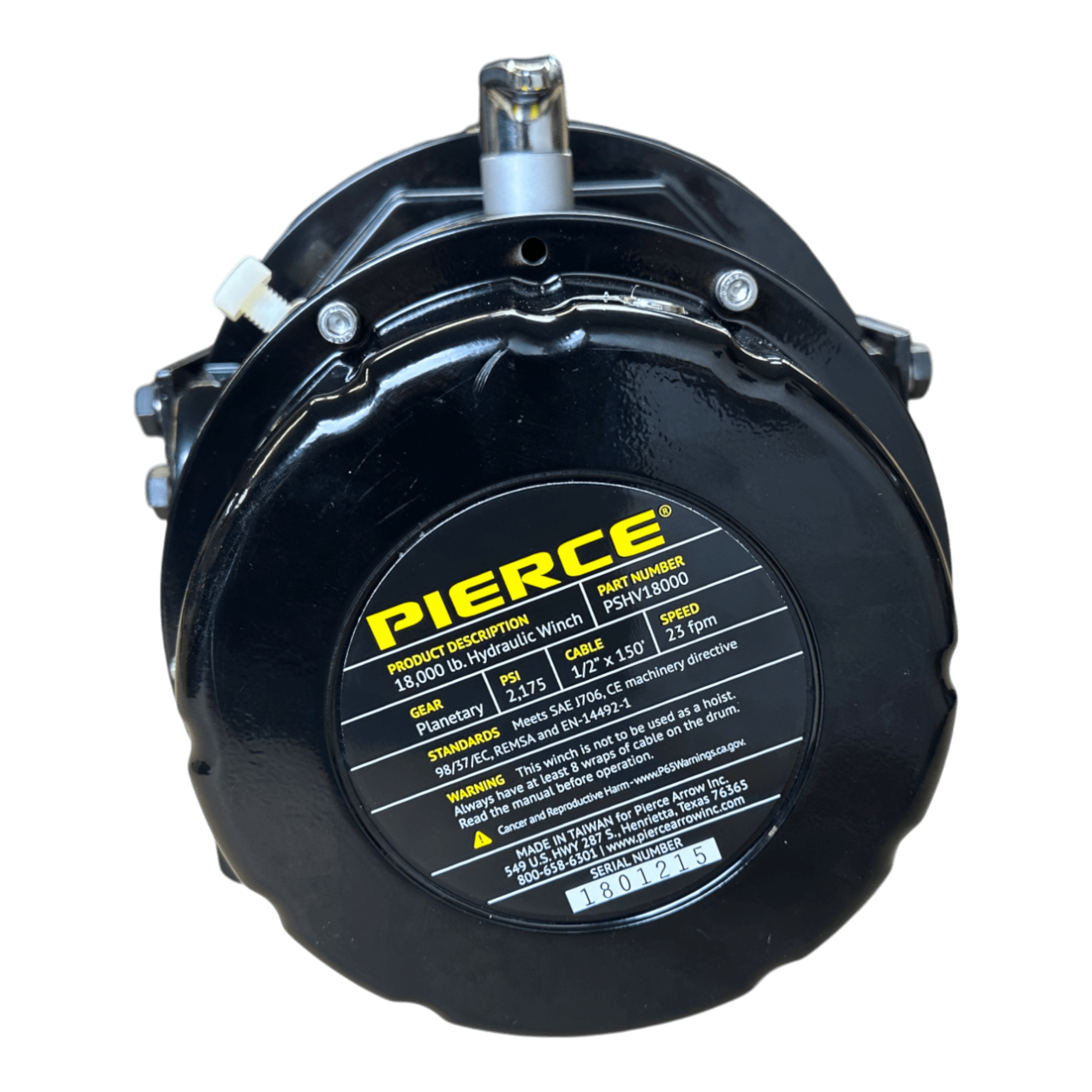 Close-up of a black hydraulic clutch with a yellow Pierce label, showing specs for the Internal - Pierce Assembly Team 18,000 lb Hydraulic Recovery Winch.