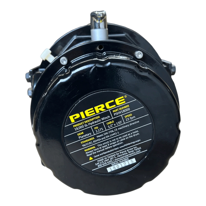 Close-up of a black hydraulic clutch with a yellow Pierce label, showing specs for the Internal - Pierce Assembly Team 18,000 lb Hydraulic Recovery Winch.