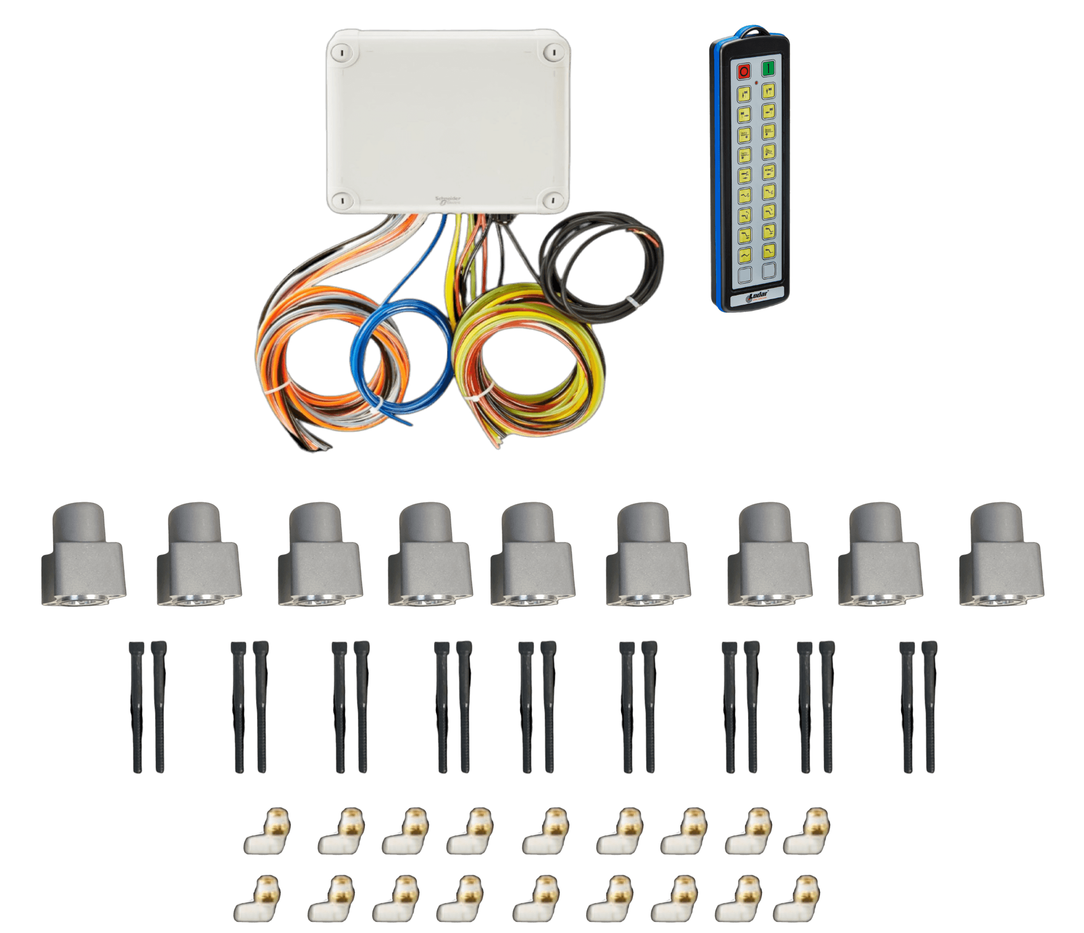 PIERCE 18 Function Direct Mount Wireless Air System for Miller (Gresen Valves) shown with control box, wiring, remote, eight sensors, screws, and connectors on white. Compatible with Lodar direct-mount system for seamless integration.