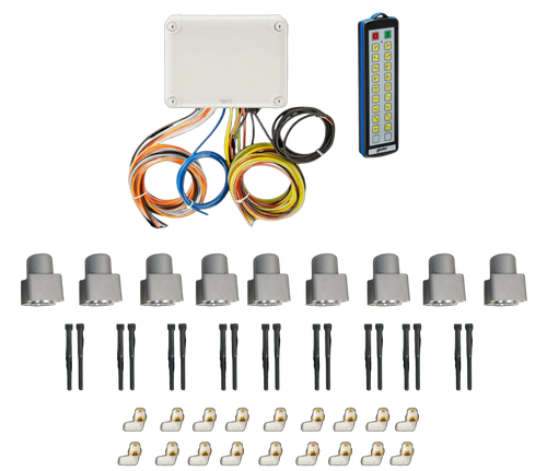 PIERCE 18 Function Direct Mount Wireless Air System for Miller (Gresen Valves) shown with control box, wiring, remote, eight sensors, screws, and connectors on white. Compatible with Lodar direct-mount system for seamless integration.
