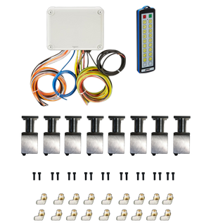 The 18 Function Wireless Air System with Bolt on Actuator by PIERCE is a comprehensive wiring kit that includes a control box, multicolored cables, and connectors, perfect for Wrecker operations. Displayed against a sleek black background, it also features a convenient remote for seamless functionality.