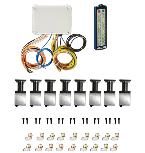 PIERCE 18 Function Direct Mount Wireless Air System for Jerr-Dan (Husco Valves) includes remote, wiring, eight actuators, screws, and connectors—ideal for wireless hydraulic control.