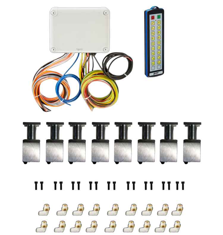 The 18 Function Wireless Air System with Bolt on Actuator by PIERCE is a comprehensive wiring kit that includes a control box, multicolored cables, and connectors, perfect for Wrecker operations. Displayed against a sleek black background, it also features a convenient remote for seamless functionality.