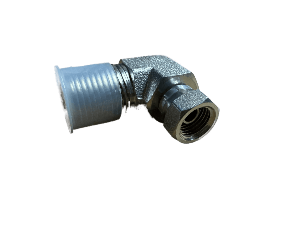 The PIERCE Hydraulics Fitting is a 90-degree swivel elbow with male 1/2 in and female 1/4 in pipe threads, perfect for hydraulic size transitions; shown isolated on a white background.