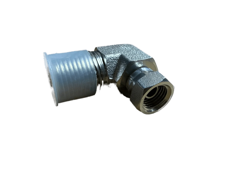 The PIERCE Hydraulics Fitting is a 90-degree swivel elbow with male 1/2 in and female 1/4 in pipe threads, perfect for hydraulic size transitions; shown isolated on a white background.