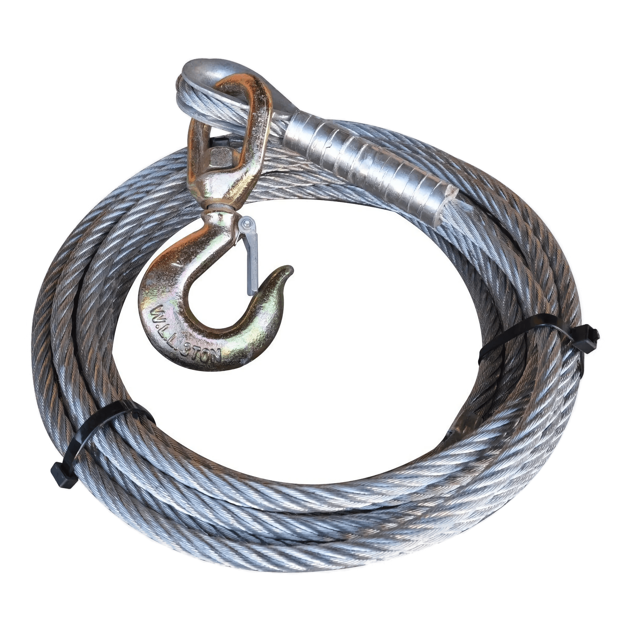 PIERCE 1/2" Winch Cable featuring a safety swivel hook and heavy-duty thimble, secured with two black zip ties, shown on a white background.