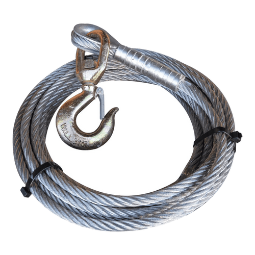 PIERCE 1/2" Winch Cable featuring a safety swivel hook and heavy-duty thimble, secured with two black zip ties, shown on a white background.