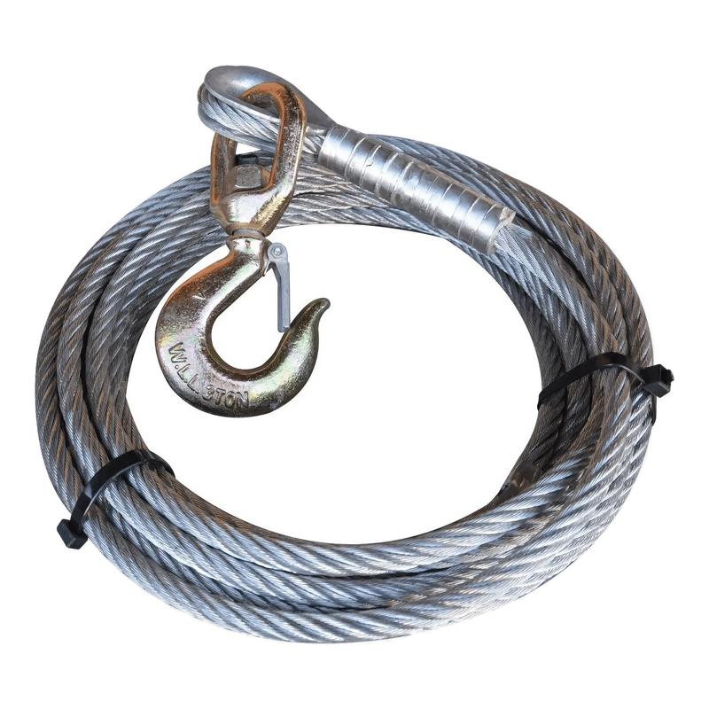 PIERCE 1/2" Winch Cable featuring a safety swivel hook and heavy-duty thimble, secured with two black zip ties, shown on a white background.