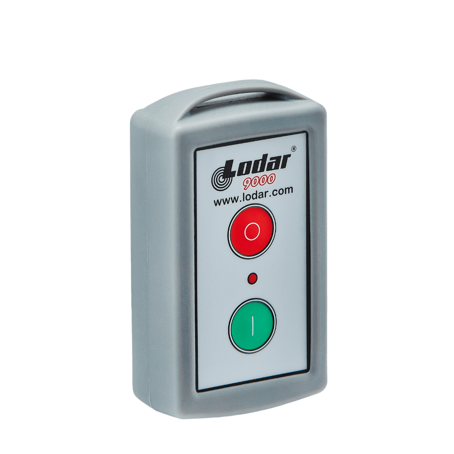 The 1 Function Lodar Replacement Standard Transmitter from the Lodar 9000 Series features distinctive red and green buttons. Offered by Lodar LTD, this reliable remote control comes with an easily accessible website link for quick replacements and more information.