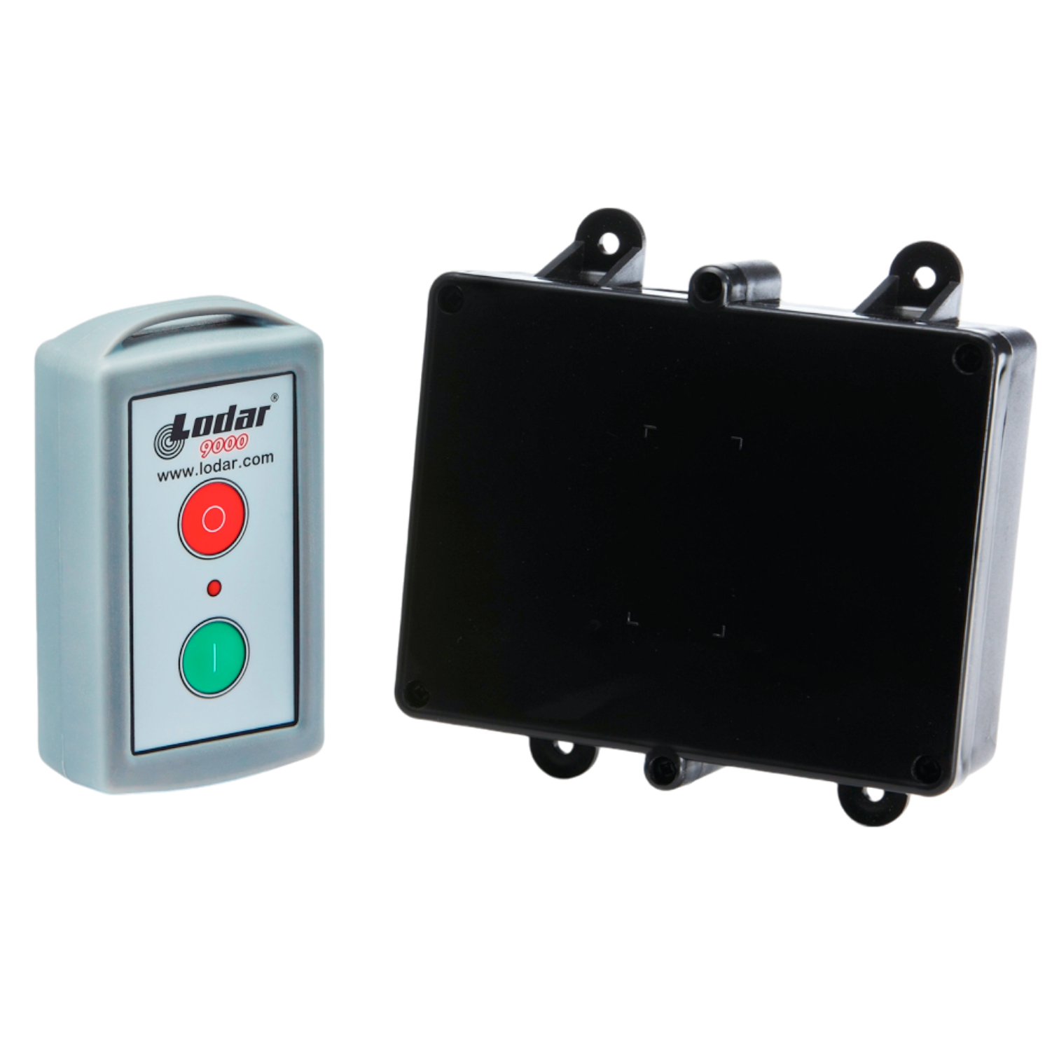 Introducing the 1 Function Standard Wireless Actuator Control System by Lodar LTD, part of the 90 Series. This system includes a sophisticated relay receiver unit in black and features a sleek remote control with two buttons for on/off functions.
