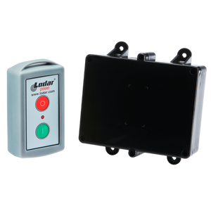 Introducing the 1 Function Standard Wireless Actuator Control System by Lodar LTD, part of the 90 Series. This system includes a sophisticated relay receiver unit in black and features a sleek remote control with two buttons for on/off functions.
