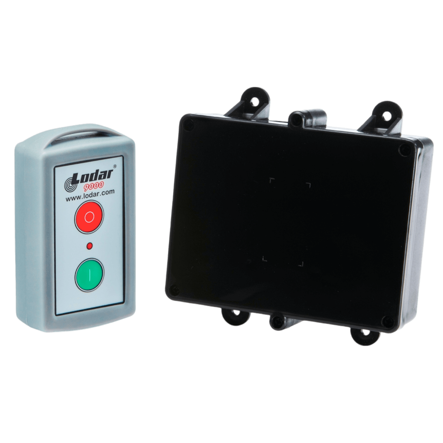 The Lodar LTD 1 Function Standard Wireless Control System (90 Series) features a relay receiver and a remote with red and green buttons for on/off control, operating a black electronic box with a 5 amp relay.